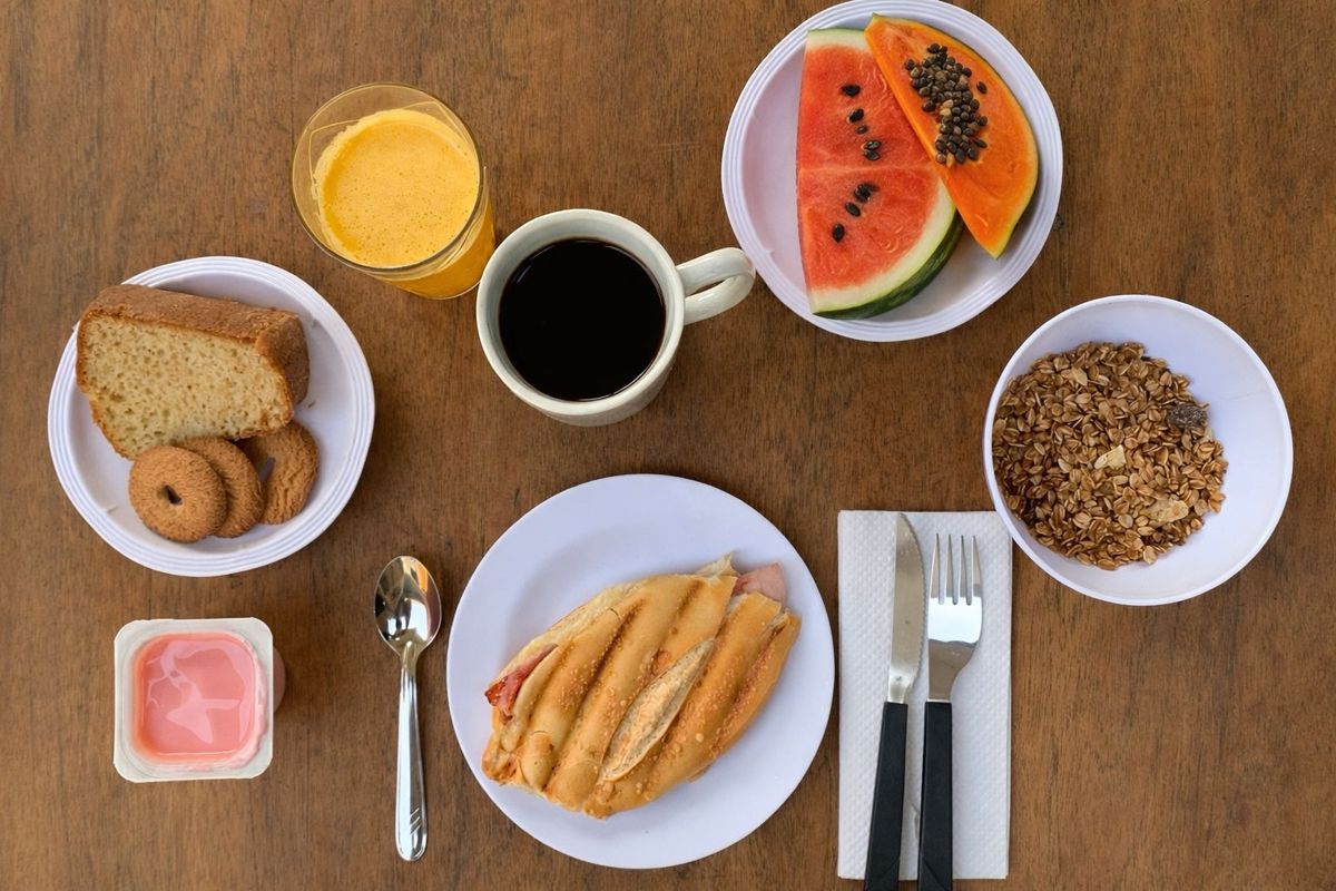 Bandeja de café da manhã com misto quente, frutas, suco de laranja, iogurte, granola, bolo e café
